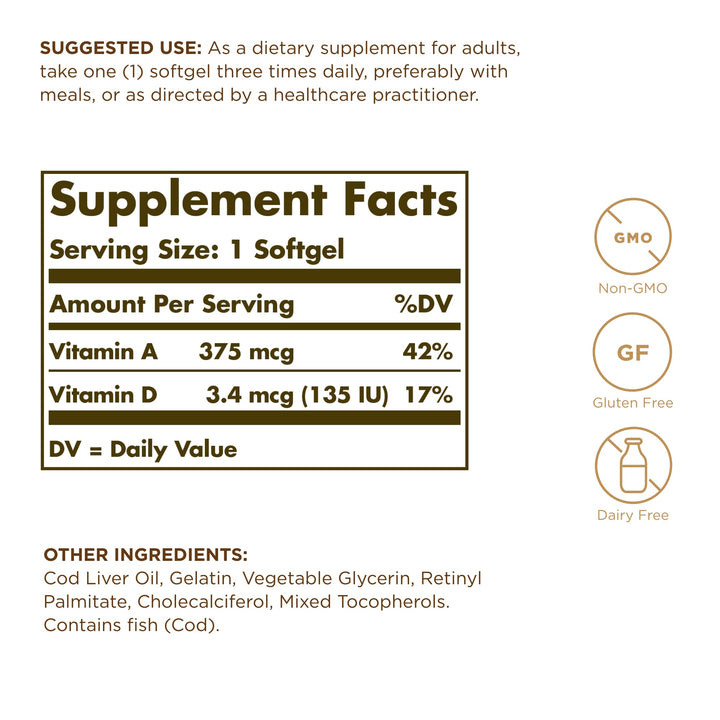 Solgar Cod Liver Oil - 250 Softgels - Provides Vitamins A & D - Non-GMO, Gluten Free - 250 Servings