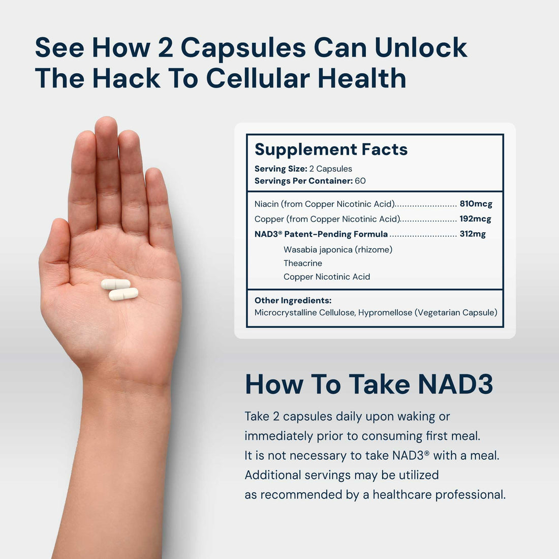 HPN Supplements NAD3 NAD+ Booster | Size 2 Month Supply | Clinically Proven & Independently Tested - Metabolic Repair | 312 mg/ Serving - 120 Capsules