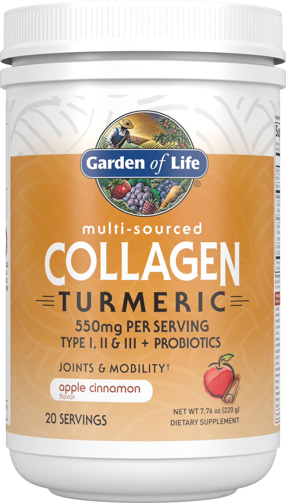 Garden of Life Multi-Sourced Protein Hydrolyzed Collagen Peptides Powder Supplements for Women Men Joints Mobility, Apple Cinnamon, Turmeric, 20 Servings, 7.76 Oz