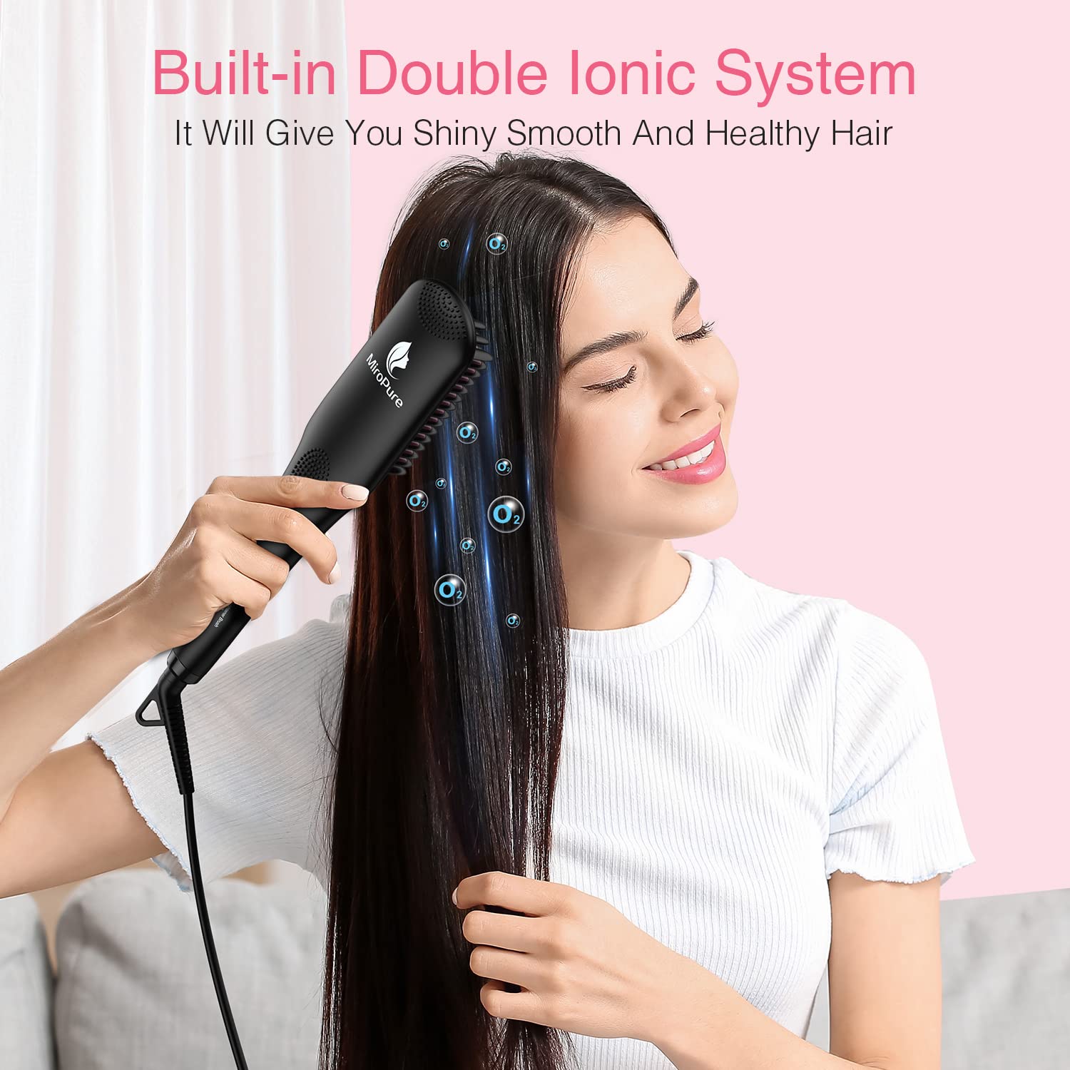 MiroPure 2 in 1 Ionic Hair Straightener Brush with Heat Resistant Glove and Temperature Lock Function
