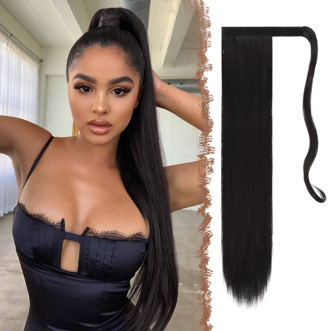 FESHFEN Straight Ponytail Extensions 28 Inch Long Wrap Around Synthetic Hair Piece Clip in Ponytail Hair Extensions Hairpiece for Women Girls 150g