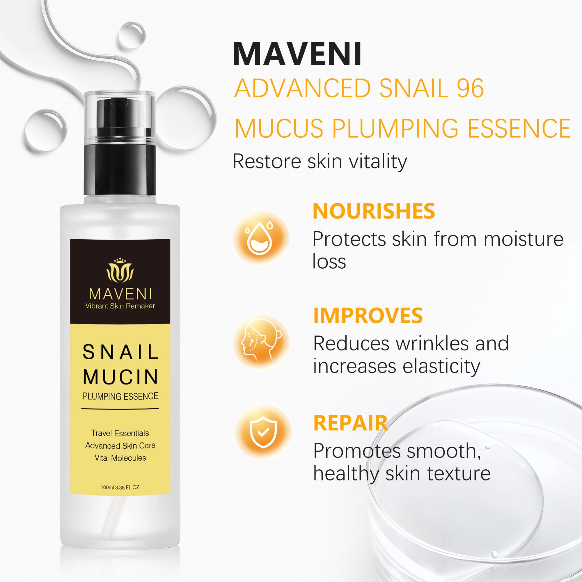 MAVENI High Concentration Snail Mucin Plumping Serum 100ml 3.38 fl.oz,Hydrating Serum with Snail, Reduce Wrinkles and Fine Lines,Smooth Facial Skin