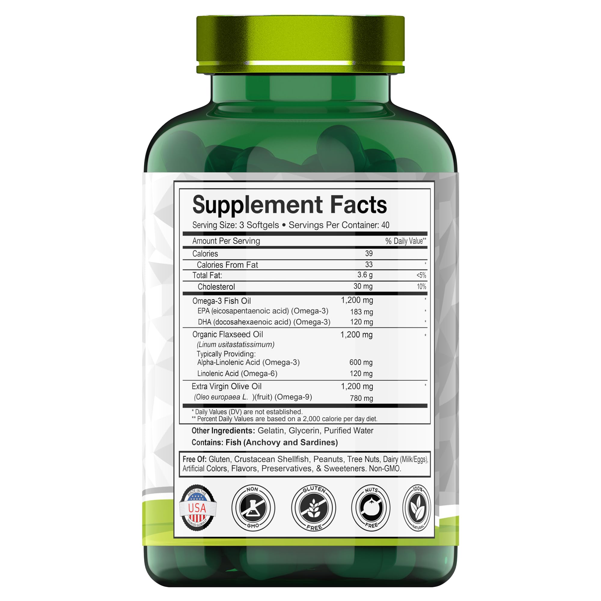 Triple Omega 3 6 9: 3600mg x 120 Softgels | Omega Essential Fatty Acids from Fish Oil (EPA & DHA), Flaxseed Oil (ALA & LA), & Olive Oil (OA) | Omega 3-6-9 Supplement for Women & Men | Non-GMO