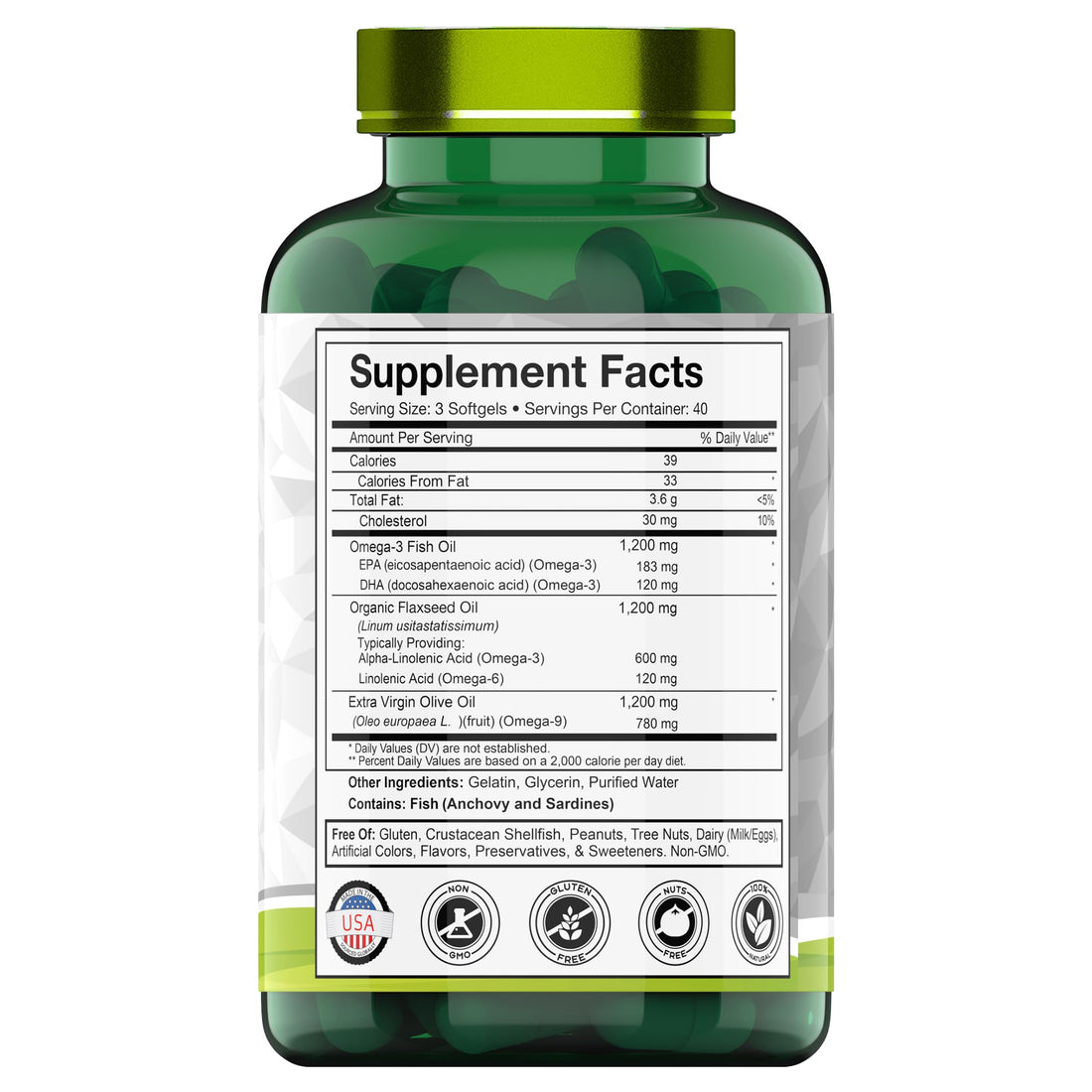 Triple Omega 3 6 9: 3600mg x 120 Softgels | Omega Essential Fatty Acids from Fish Oil (EPA & DHA), Flaxseed Oil (ALA & LA), & Olive Oil (OA) | Omega 3-6-9 Supplement for Women & Men | Non-GMO