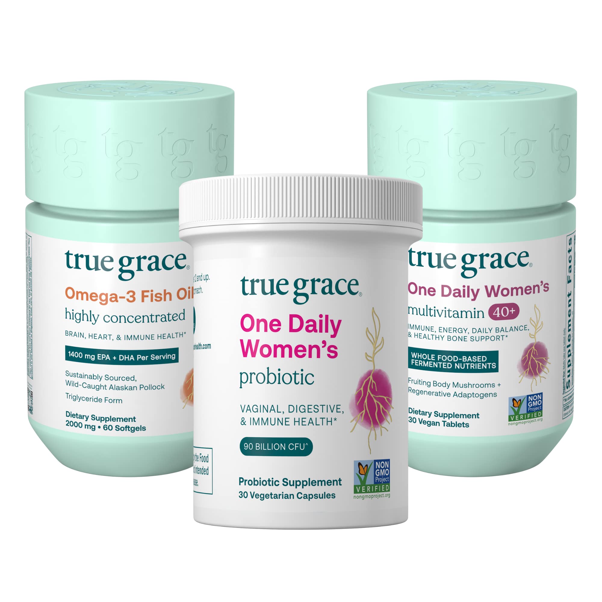 True Grace One Daily Women’s Multivitamin 40+ (30 Vegan Tablets), Omega-3 Fish Oil (60 Softgels) & One Daily Women’s Probiotic (30 Vegetarian Capsules) - 30-Day Supply of Each