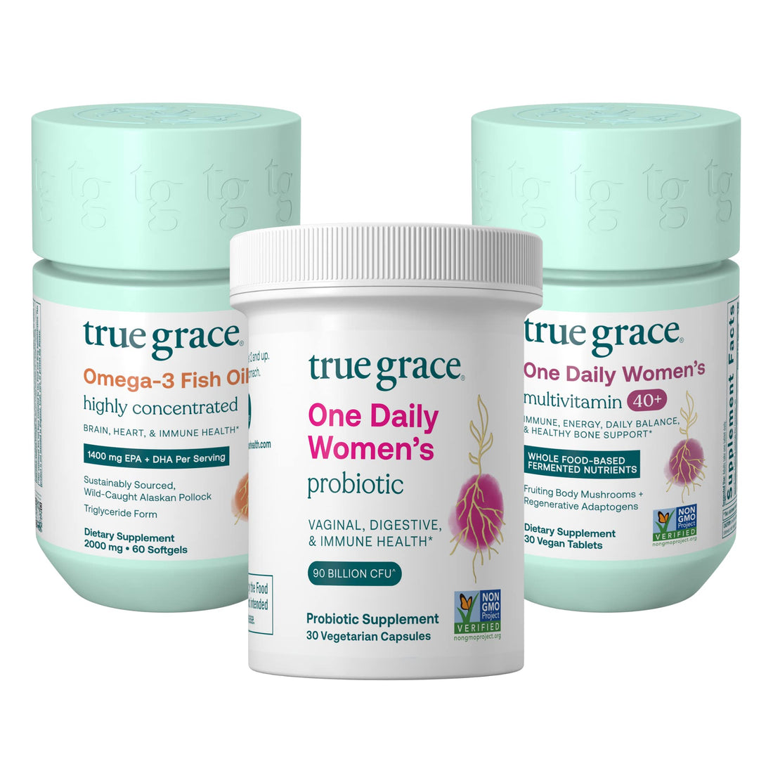 True Grace One Daily Women’s Multivitamin 40+ (30 Vegan Tablets), Omega-3 Fish Oil (60 Softgels) & One Daily Women’s Probiotic (30 Vegetarian Capsules) - 30-Day Supply of Each