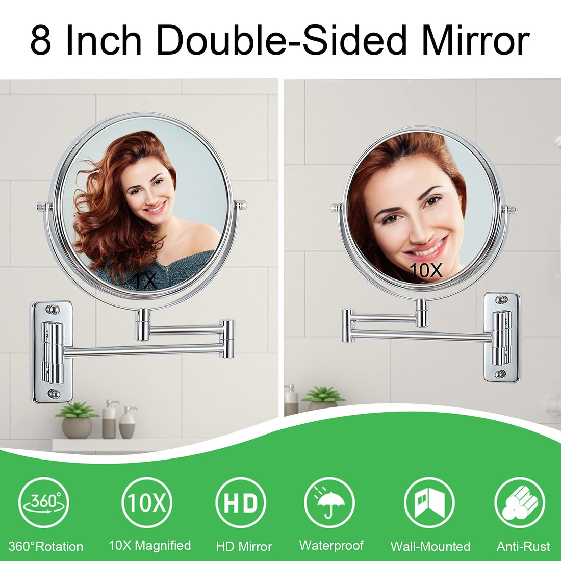 Lansi Makeup Mirror 10X Magnifying Wall Mount Double-Sided Vanity Decoration, Round, 8 Inch, Chrome Finished