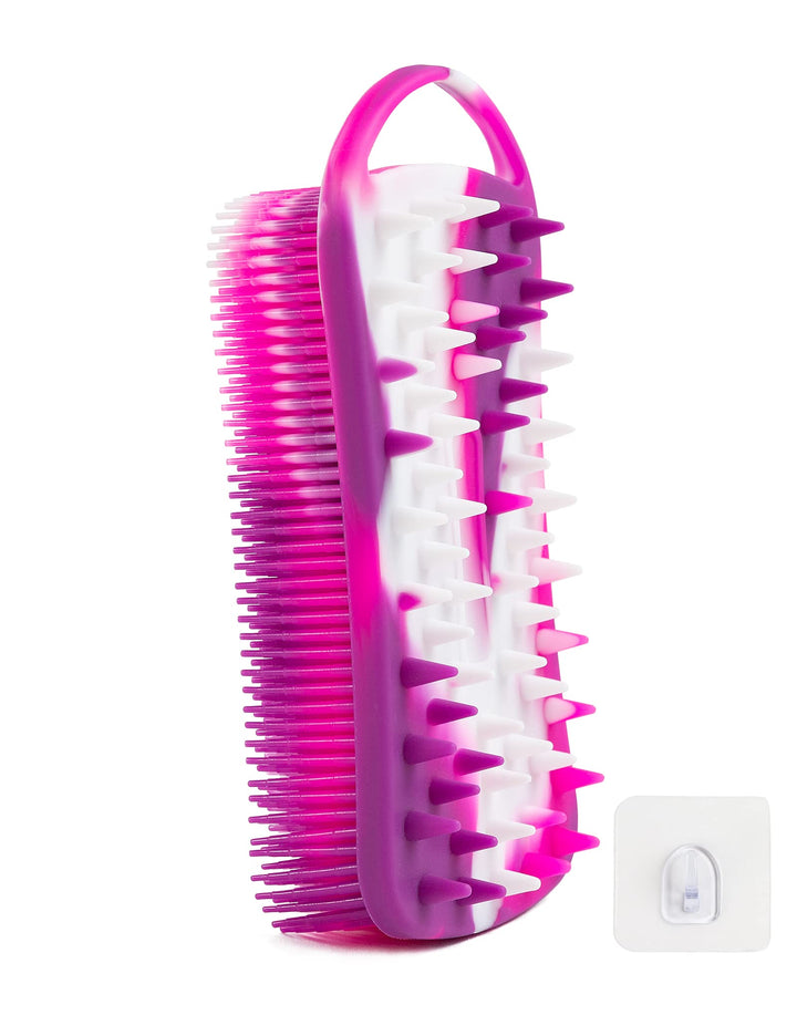 BSROLUNA Silicone Exfoliating Body Scrubber Loofah Silicone Scalp Massager Shampoo Brush Soft Body Scrubbers for Use in Shower Lathers Well Easy to Clean 2 in 1 (1 Pack Camouflage Purple)