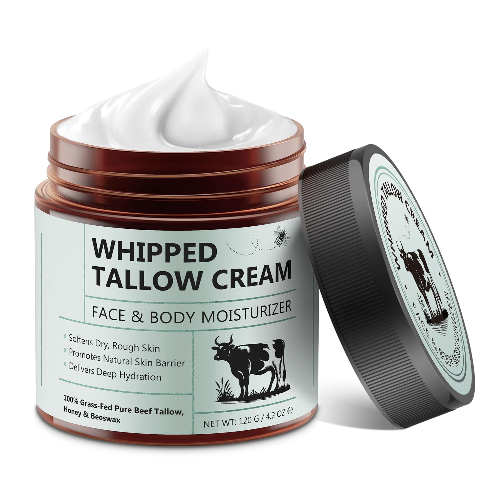 Beef Tallow Moisturizer for Face & Body - Deep Hydration, Organic Whipped Soothes Dry Skin, Promotes Natural Skin Barrier, Unscented Tallow Face Cream, 4.2 Oz