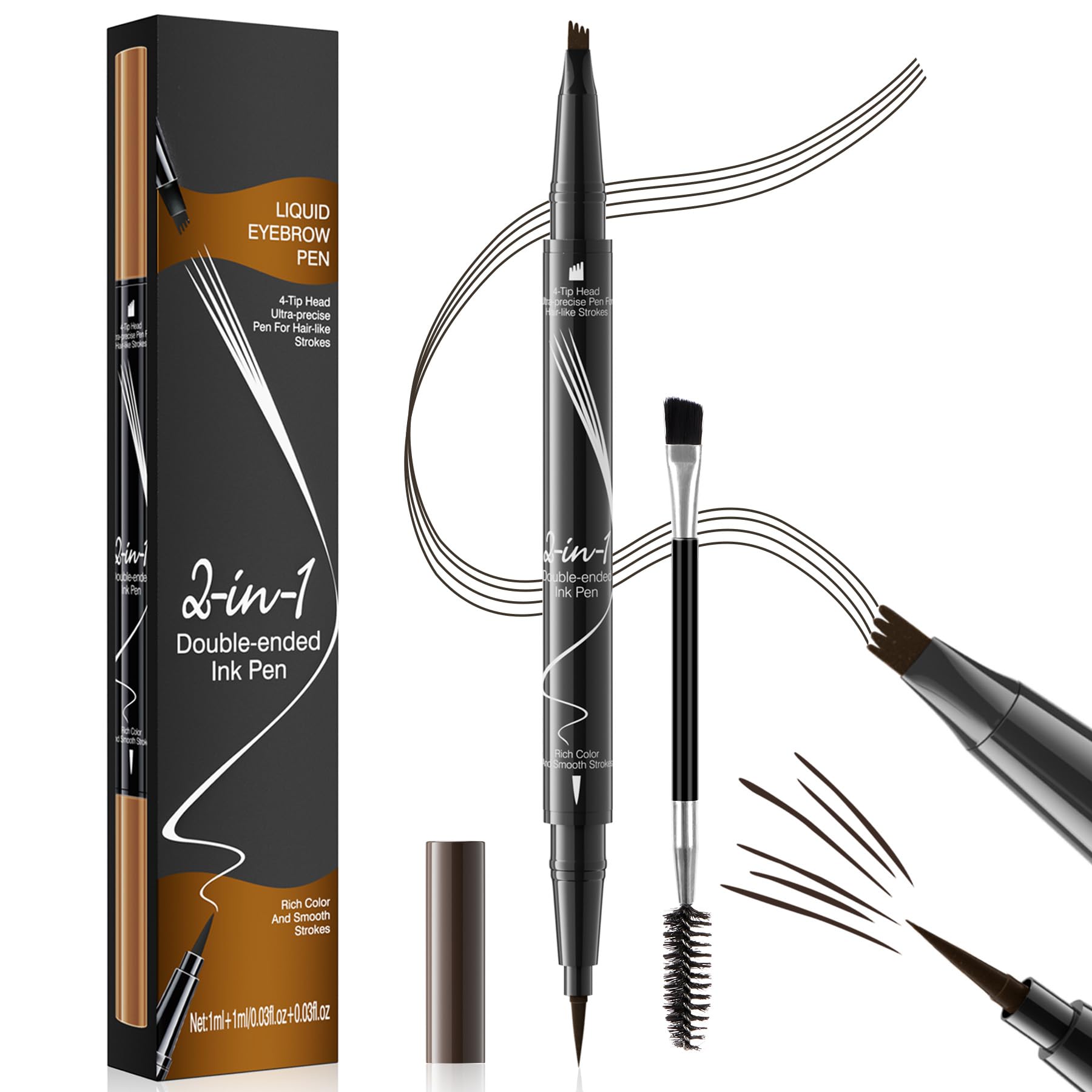 Microblading Eyebrow Pen - Waterproof 2-in-1 Dual-Ended Eye Brow Pen with 4-Fork-Tip and Precise Brush Create Natural Looking Defined Eyebrows Last All Day