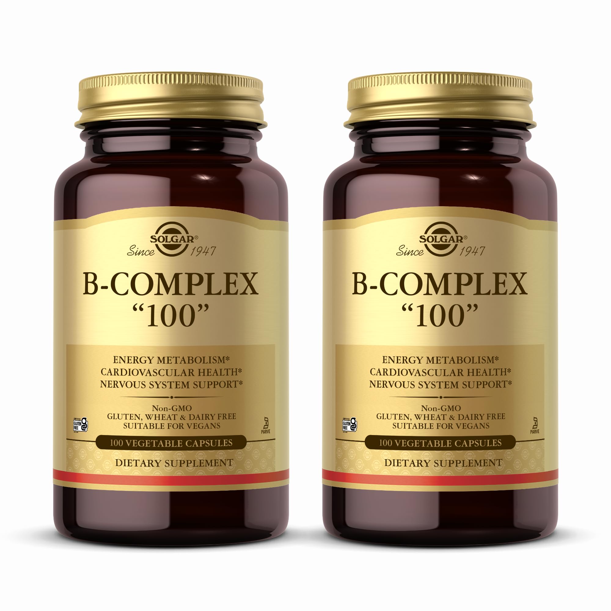 Solgar B-Complex 100 - 100 Vegetable Capsules, Pack of 2 - Energy Metabolism, Nervous System Support - Non-GMO, Vegan, Gluten Free - 200 Total Servings