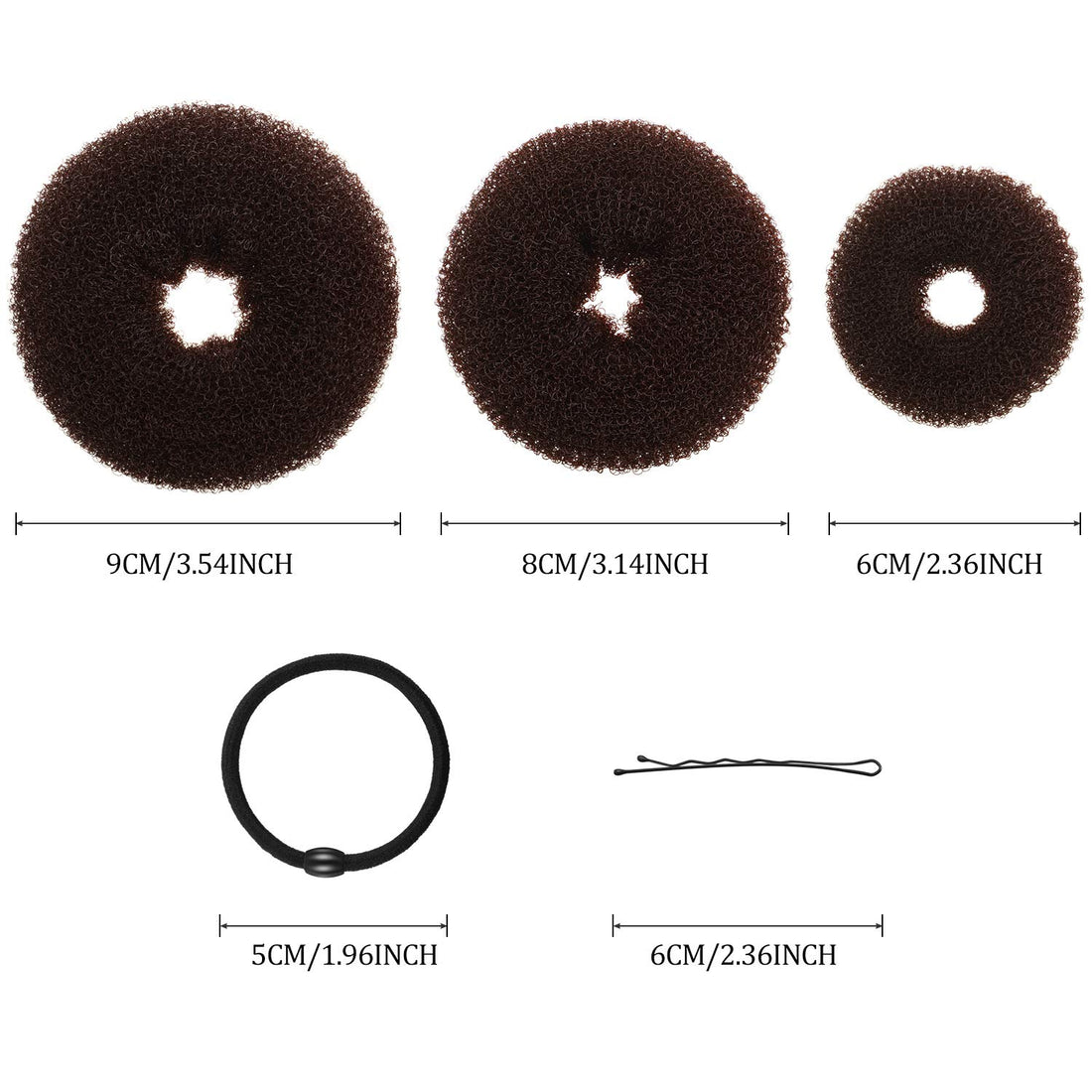 9 Pieces Donut Hair Bun Maker Shaper Foam Sponge Doughnut Bun Ring Style Set with 12 Pieces Hair Elastic Bands Ties and 32 Pieces Hair Bobby Pins for Women Girls Kids (Black, Brown, Beige)