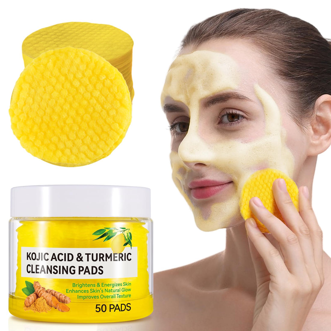 SHIFAKOU Kojic Acid Turmeric Cleansing Pads, Turmeric Cleansing Exfoliating Pads for Dark Spots, Turmeric Cleansing Pads For Face, Balance Skin Oil And Water 50PCS