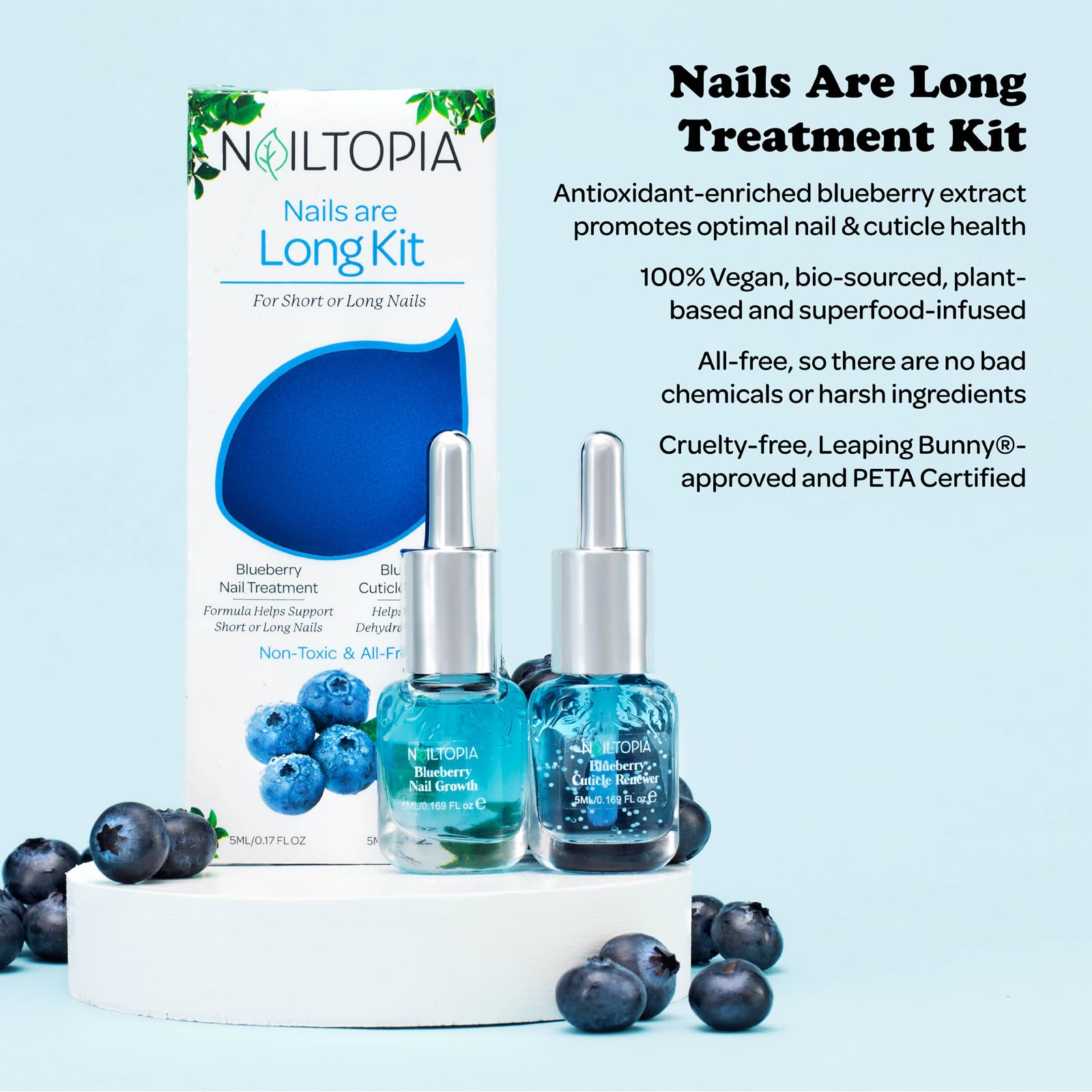Nailtopia - Nails are Long Kit, Supports Short/Long Nails & Dehydrated Cuticles - Plant-Based, Non Toxic, Bio-Sourced - Hardening & Conditioning Superfood Treatment - Blueberry Extract (Clear) - 2 Pc