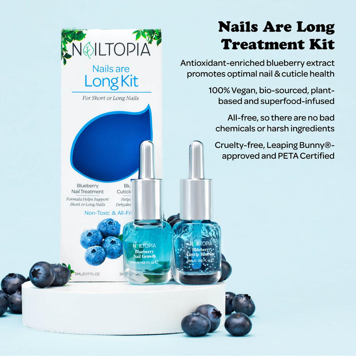 Nailtopia - Nails are Long Kit, Supports Short/Long Nails & Dehydrated Cuticles - Plant-Based, Non Toxic, Bio-Sourced - Hardening & Conditioning Superfood Treatment - Blueberry Extract (Clear) - 2 Pc