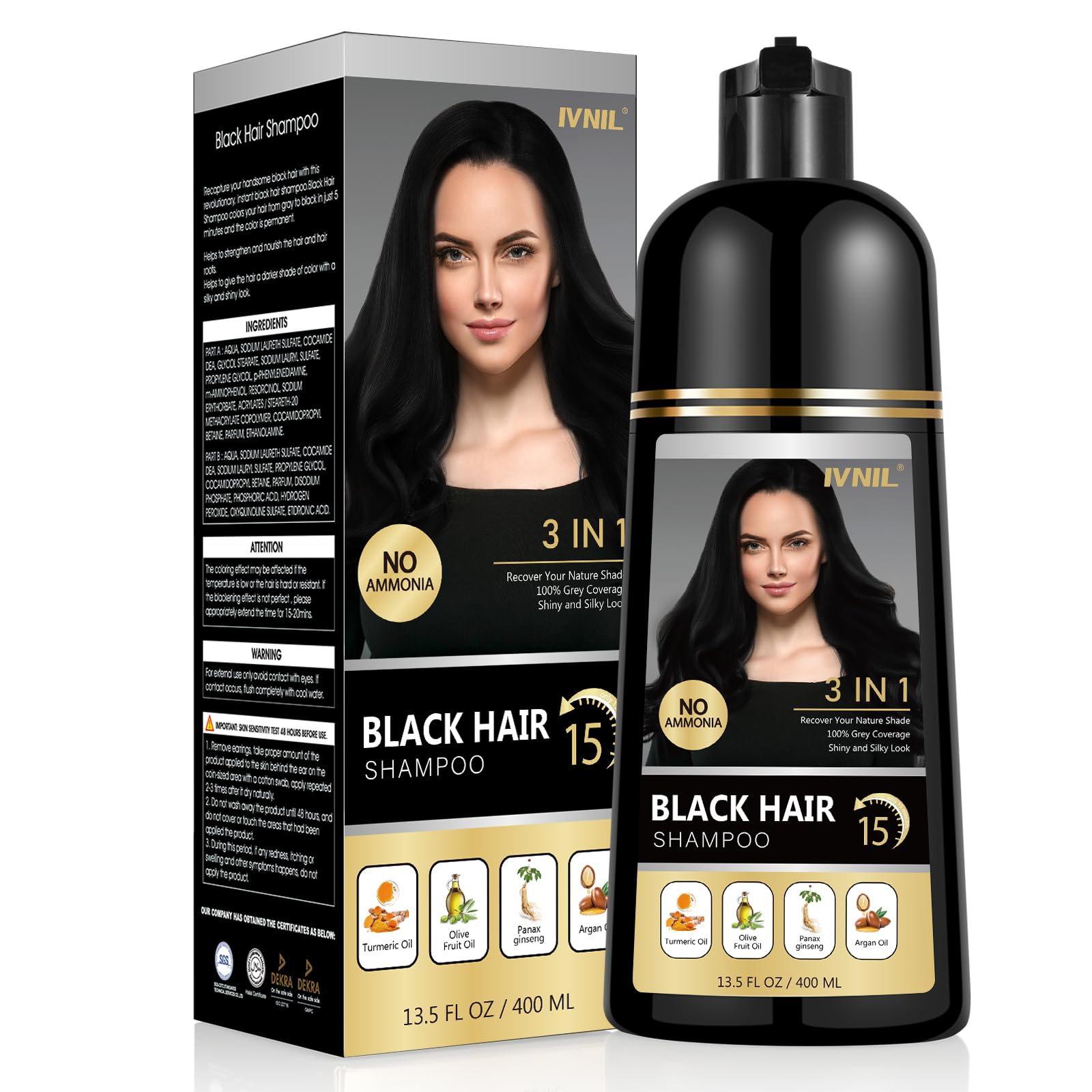 Ivnil Black Hair Dye Shampoo 3 in 1 for gray coverage champu para canas herbal color for women and men 400ML