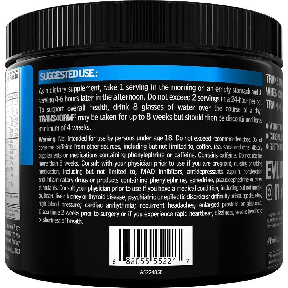 Evlution Thermogenic Fat Burning Support Powder Nutrition Trans4orm Fast Acting Energy Powder to Support Fast Metabolism Weight Loss and Mental Focus with CLA Carnitine and Alpha GPC - Blue Raz