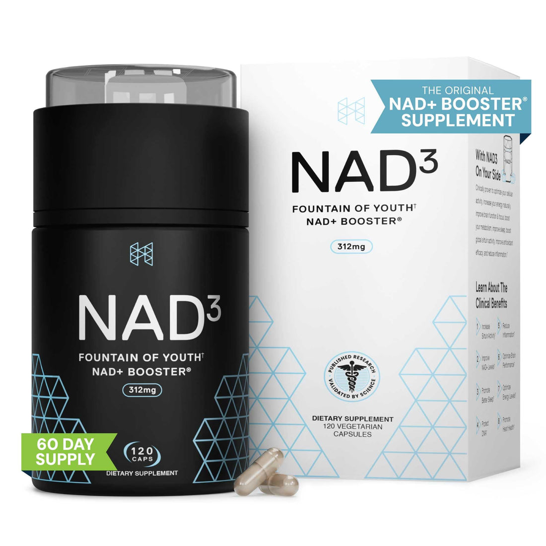 HPN Supplements NAD3 NAD+ Booster | Size 2 Month Supply | Clinically Proven & Independently Tested - Metabolic Repair | 312 mg/ Serving - 120 Capsules