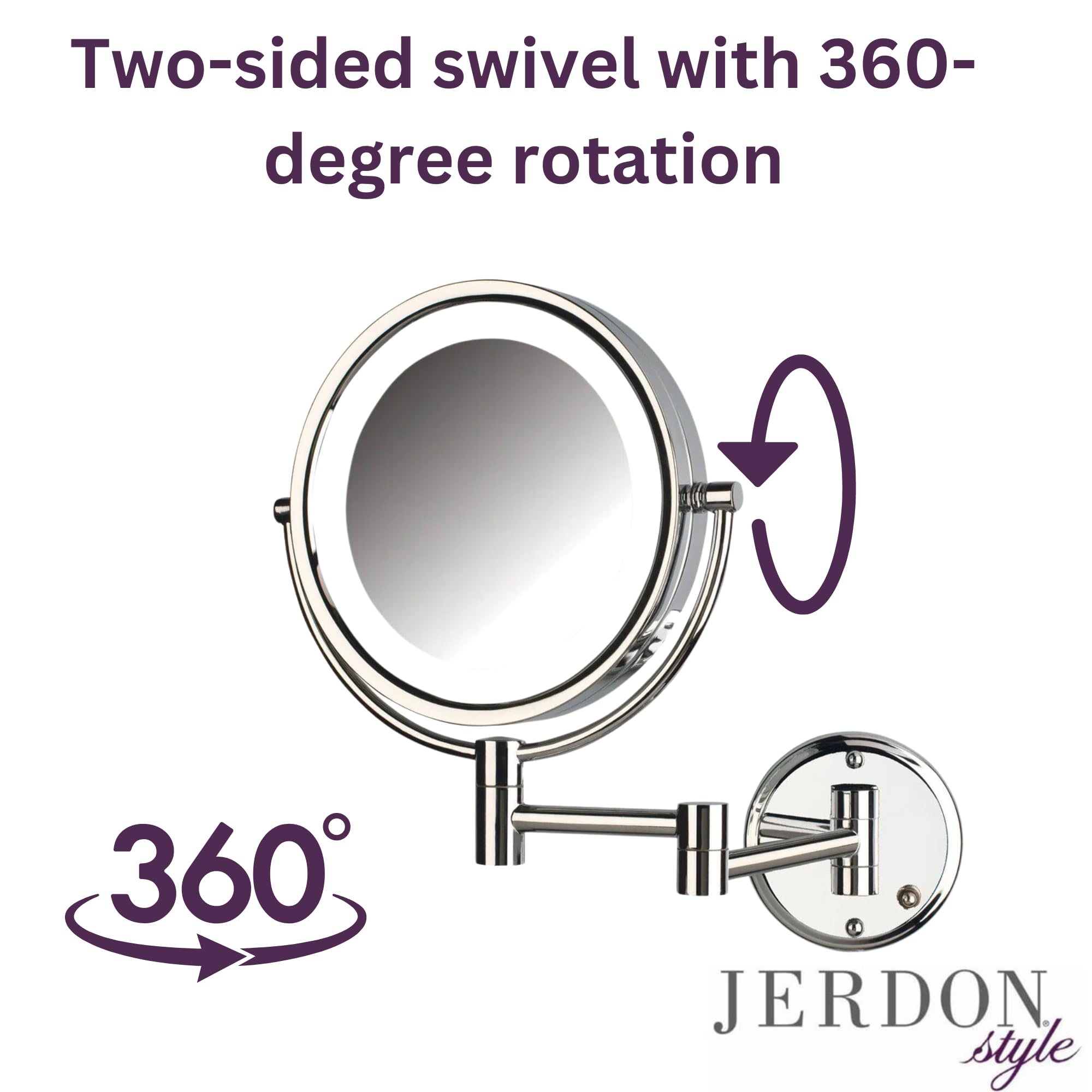 Jerdon Two-Sided Wall-Mounted Makeup Mirror with Lights - Lighted Makeup Mirror with 8X Magnification & Wall-Mount Arm - 8.5-inch Diameter Mirror with Chrome Finish Wall Mount - Model HL88CL
