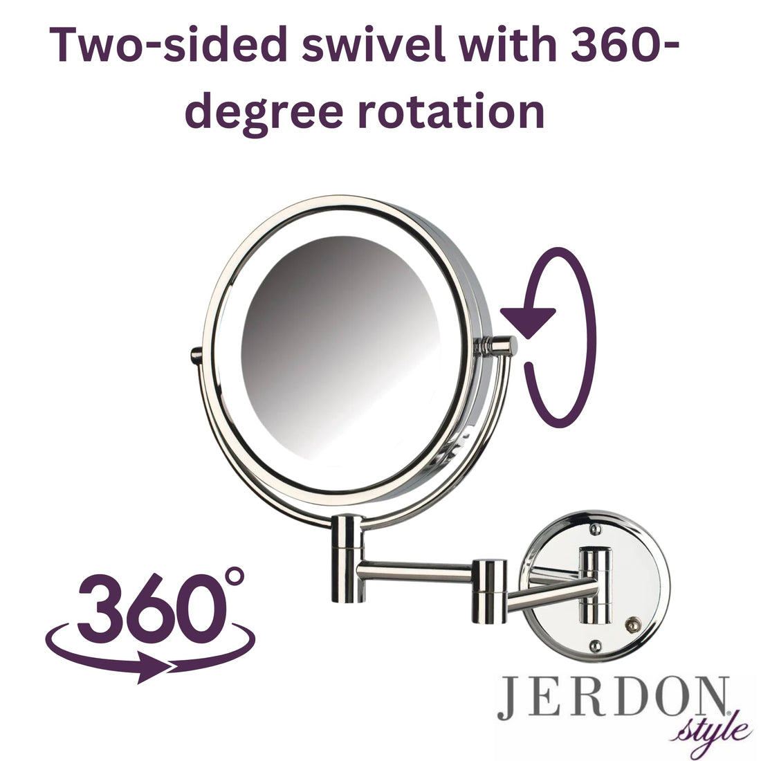 Jerdon Two-Sided Wall-Mounted Makeup Mirror with Lights - Lighted Makeup Mirror with 8X Magnification & Wall-Mount Arm - 8.5-inch Diameter Mirror with Chrome Finish Wall Mount - Model HL88CL