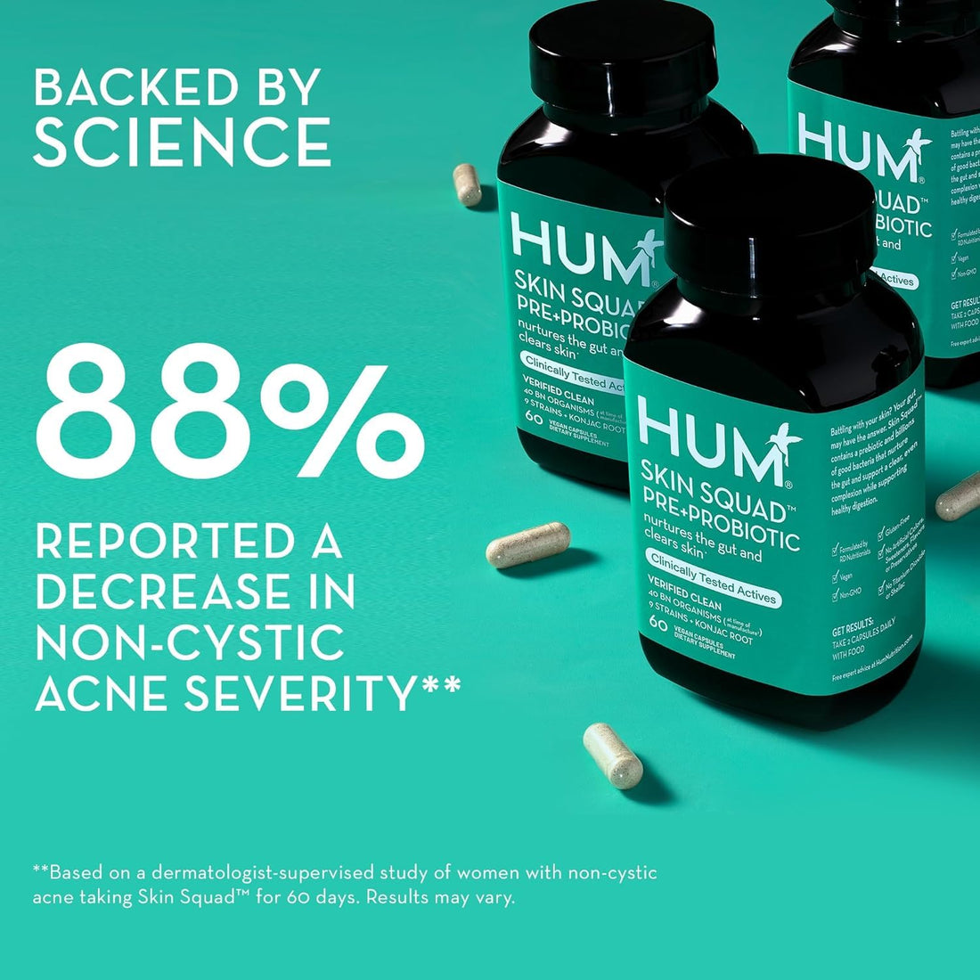 HUM Skin Squad - Probiotic Supplement for Clear Skin & Gut Health - Microbiome Probiotics for Problem Skin & Breakouts (60-Count)