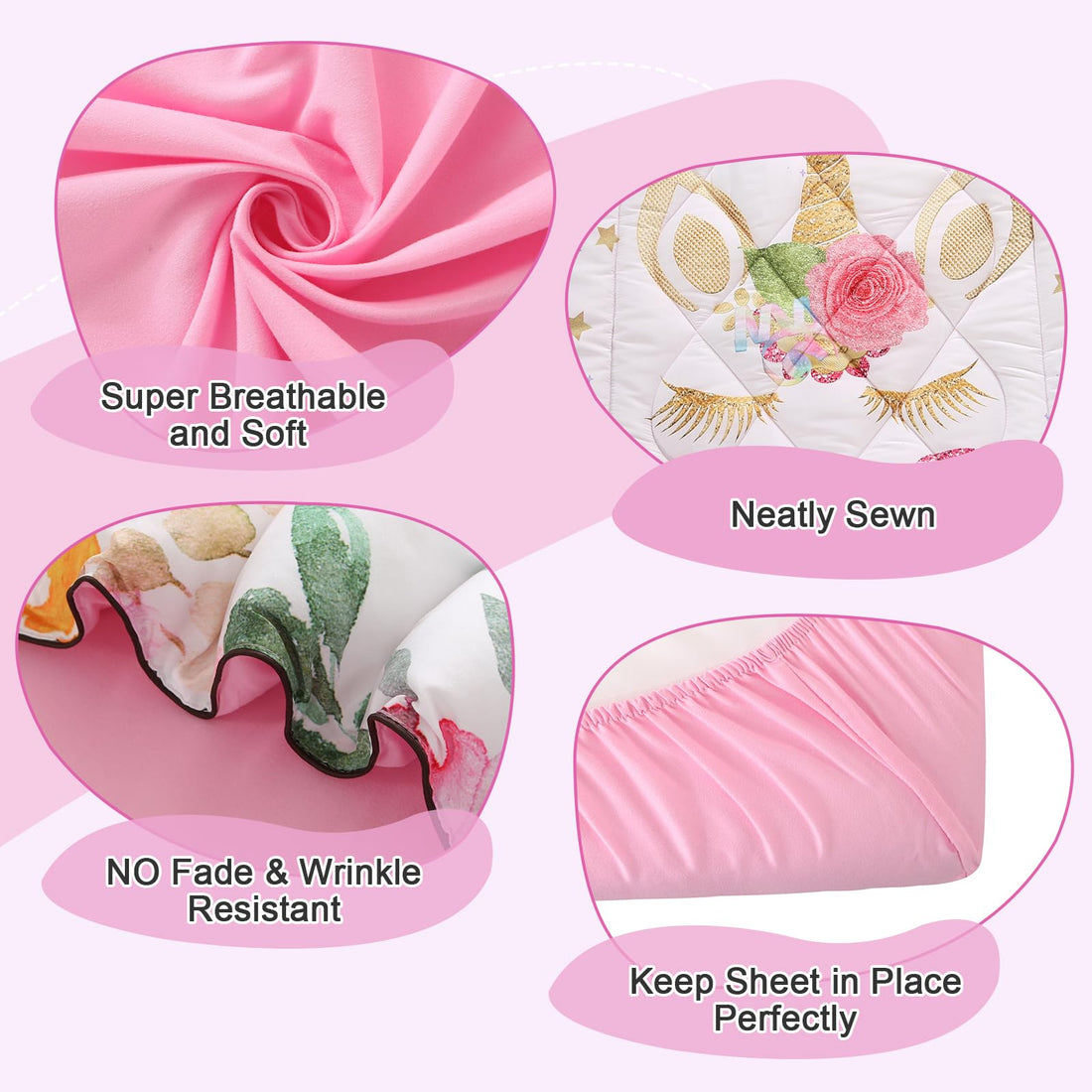 Wowelife Unicorn Toddler Bedding Set for Girls Pink 4 Piece Unicorn Bedding Toddler Bed Set Rainbow Pink White Floral Star Bed Comforter with Comforter, Flat Sheet, Fitted Sheet and Pillowcase