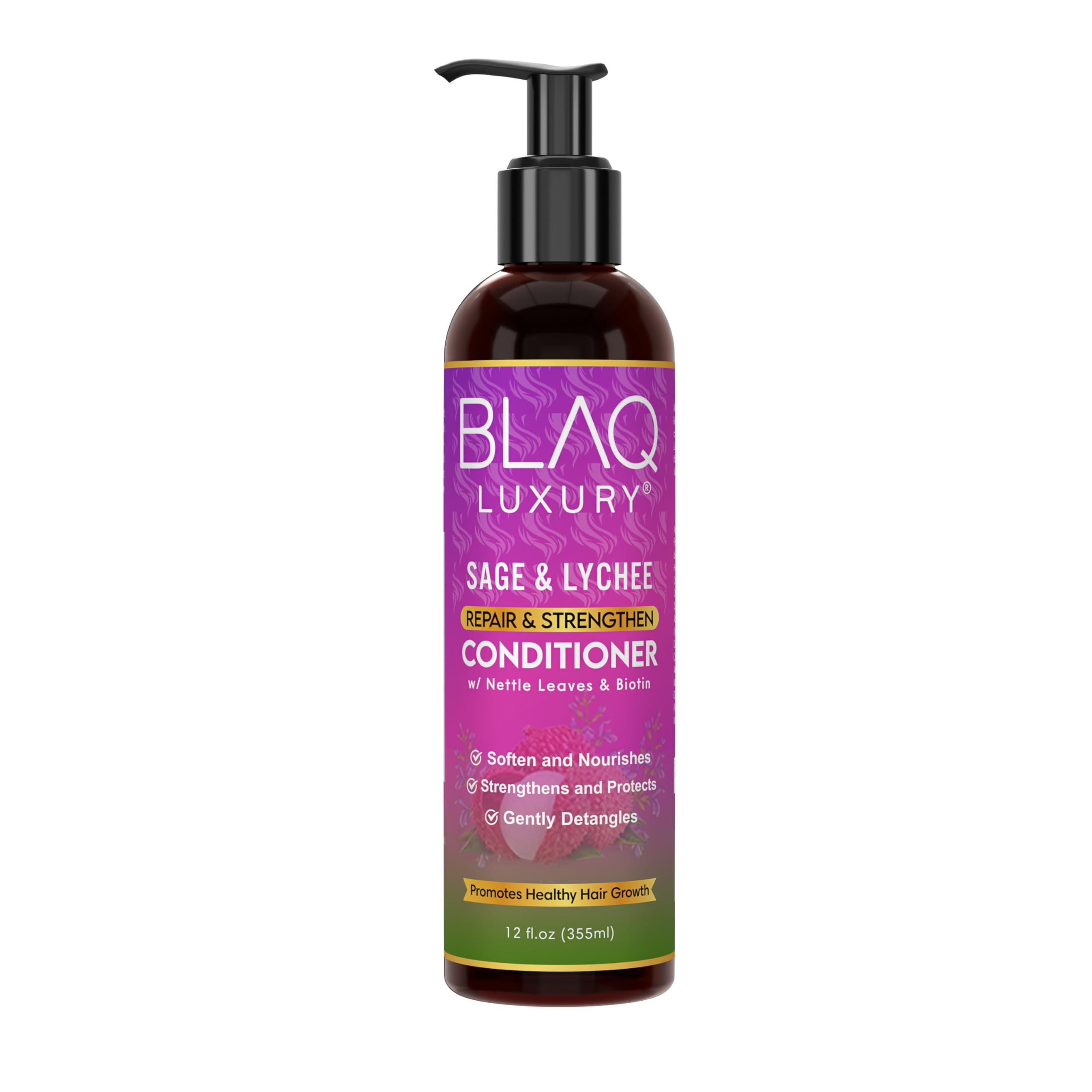Blaq Luxury Sage and Lychee Repair & Strength Conditioner - Nourishing Formula for Strong, Healthy Hair - Infused with Biotin & Nettle Leaves - Promotes Hair Repair, Growth, and Manageability – 12oz