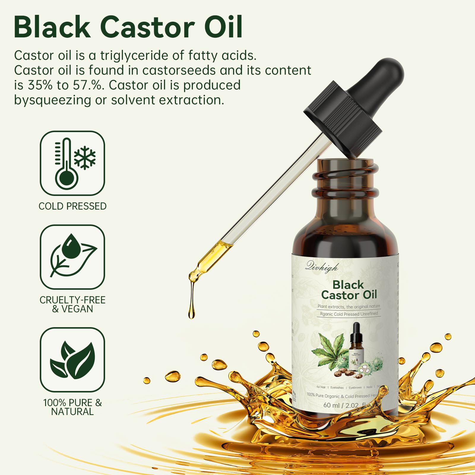 QIVHIGH Black Castor Oil for Hair Growth, Multipurpose Cold Pressed Natural Castor Oil for Hair and Skin, Eyebrow, Body Care,100% Pure Organic Black Castor Oils 1PCS