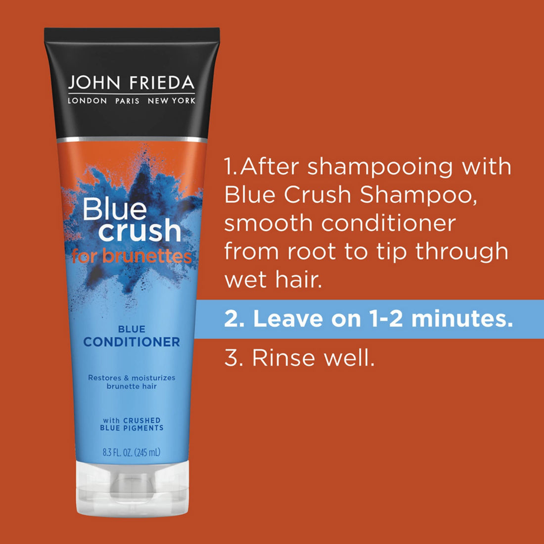 John Frieda Blue Crush Conditioner, Toning Conditioner for Brunette Hair, Nourishes Color-Treated and Natural Hair, Blue Pigments for Vibrant, Cool-Toned Brunette Hair by Reducing Orange Tones, 8.3 Oz