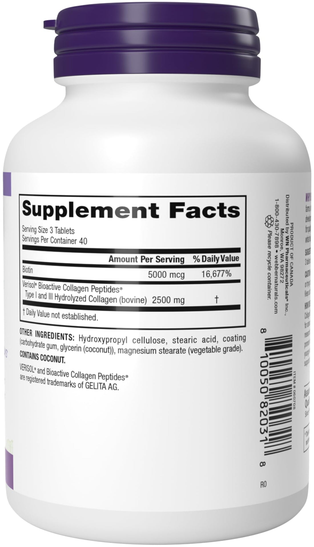 Webber Naturals Collagen30 with Biotin, 2,500 mg of Bioactive Collagen Peptides with 5,000 mcg of Biotin Per Serving, 120 Tablets, For Advanced Nourishment of Skin, Hair and Nails, Dairy & Gluten Free