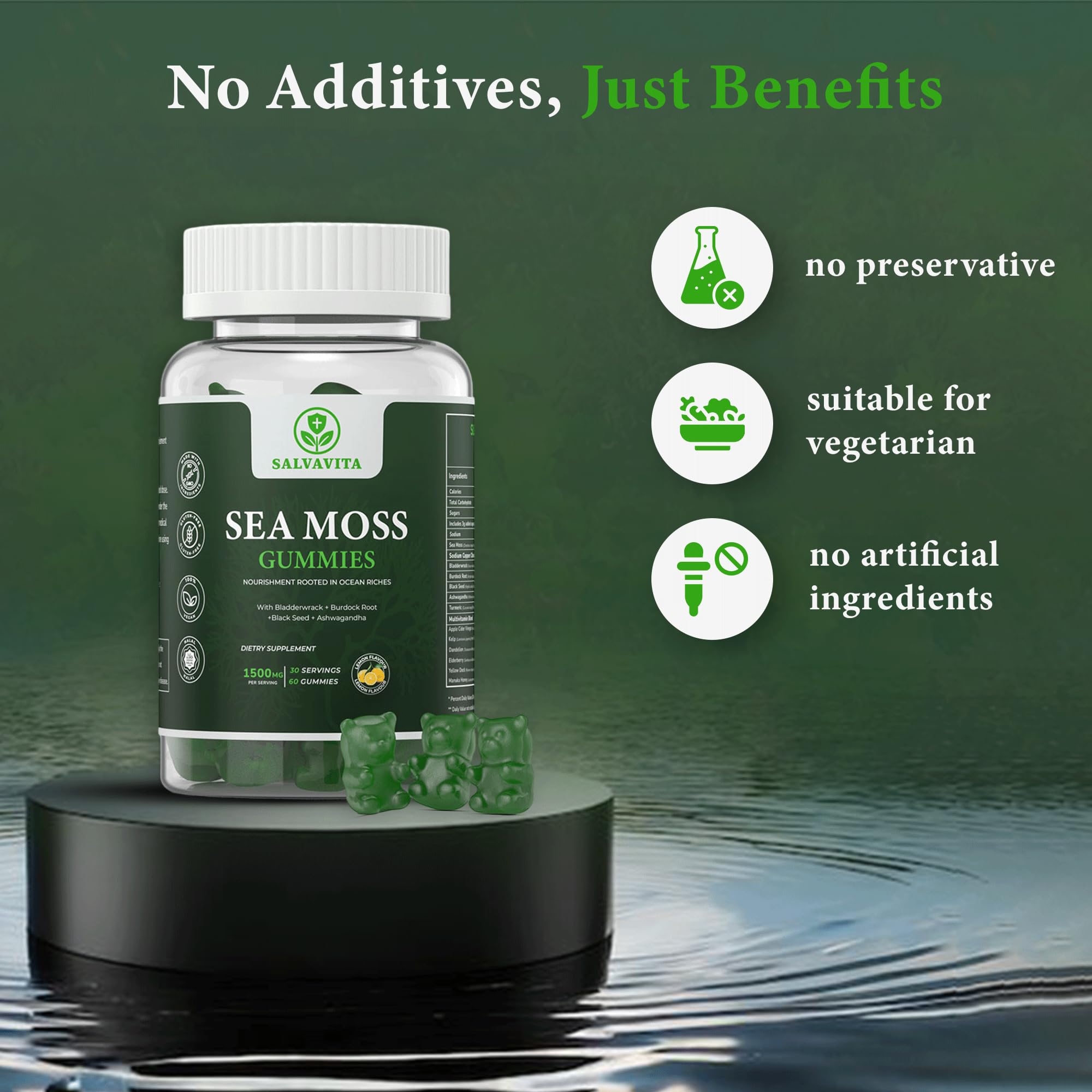 SALVAVITA Sea Moss Gummies – Powerful 1500mg Serving | Infused with Bladderwrack, Burdock Root, Black Seed & Ashwagandha | Organic Sea Moss | Lemon Flavor - 60 Gummies