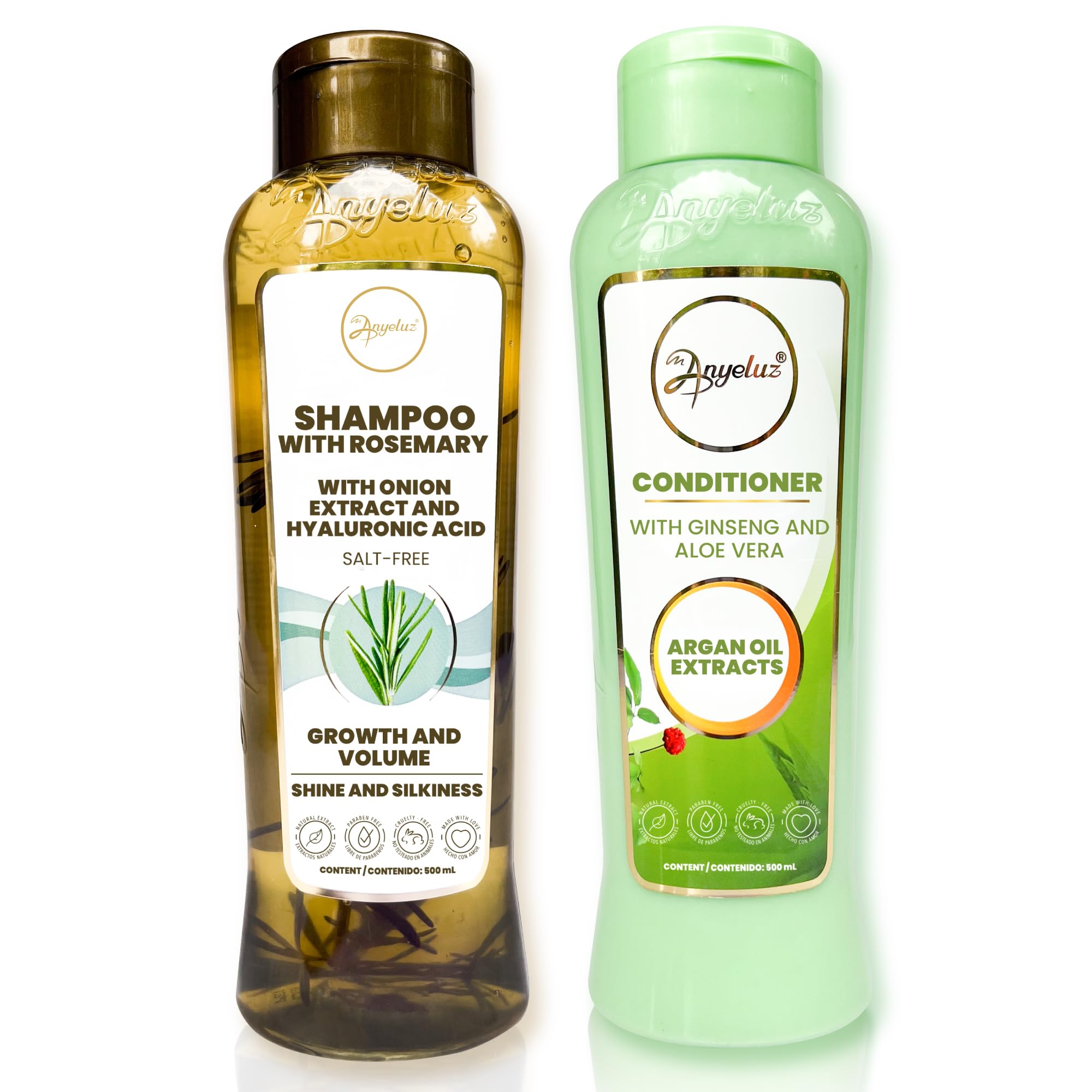 ANYELUZ Rosemary Shampoo and Aloe Conditioner Set, Volume and Hydration for your Hair, with Hyaluronic, Argan Oil and Rosemary, Moisturizes and Enhances Shine