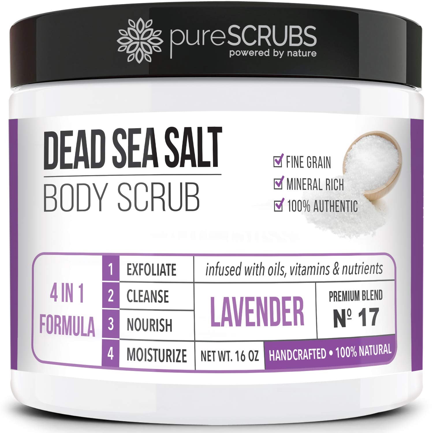 pureSCRUBS Lavender Body Scrub 16Oz + Spoon, Loofah, Soap: Premium Organic Body Scrub Set - Large 16Oz Lavender Body Scrub - Pure Dead Sea Salt Infused With Organic Essential Oils & Nutrient