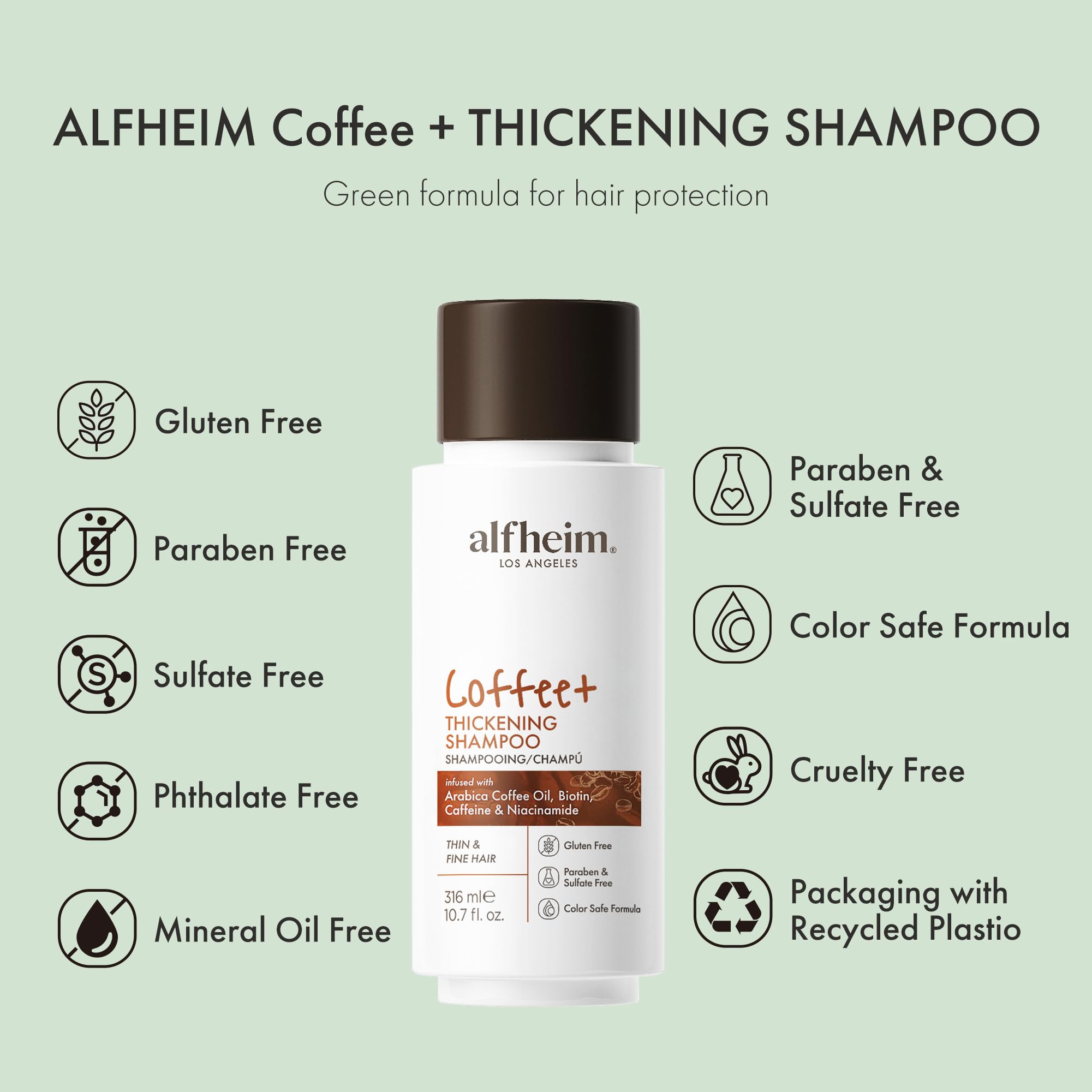 Alfheim Coffee+ Thickening Shampoo | Caffeine & Biotin for Hair Growth & Strength | Volumizing & Moisturizing for Fine, Thinning Hair | Sulfate-Free, Color-Safe Formula | 10.7 fl oz