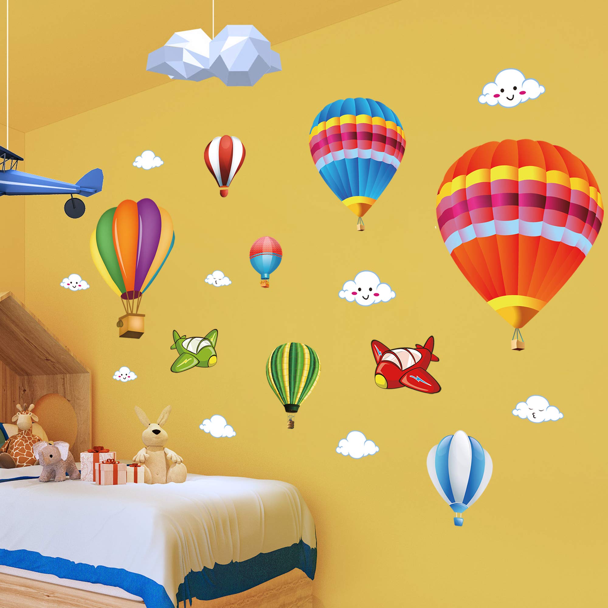 Amaonm Removable Creative 3D Hot air Balloon Aircraft and Smile Clouds Wall Decals Kids Room Wall Decorations Art Decor Stickers Nursery Decor 3D Art Decal Bedroom Bathroom Sticker