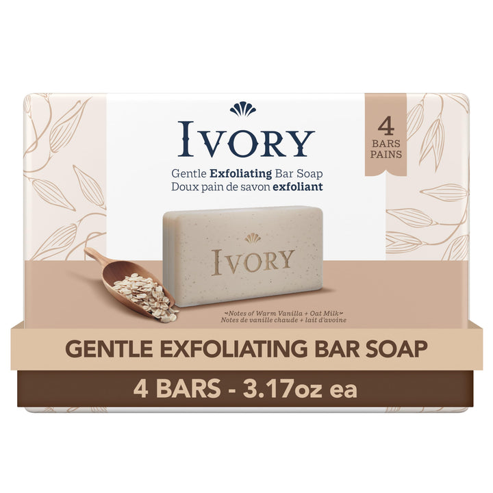 Ivory Exfoliating Bath Bar Soap, Designed for Whole Family with Plant-Based Cleansers, Made Without Heavy Perfumes, Parabens or Phthalates, Warm Vanilla + Oat Milk Scent, 3.17 oz (4 Count)