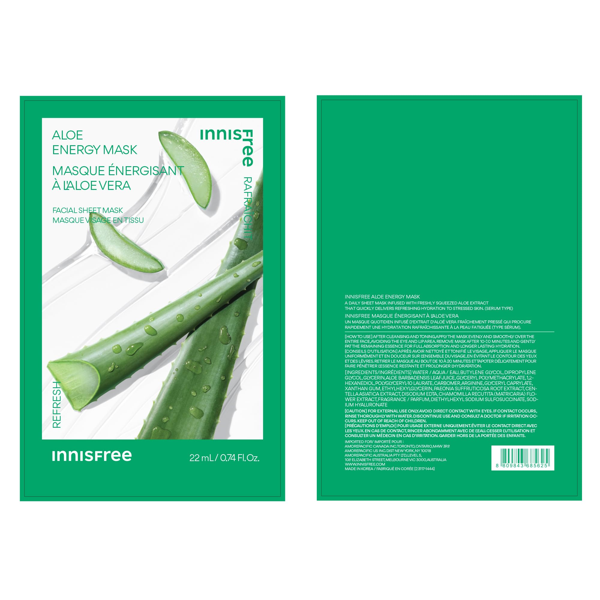 innisfree Aloe Energy Mask, Hydrating and Soothing Serum Korean Sheet Mask, Face Mask for Bright, Glowing Skin