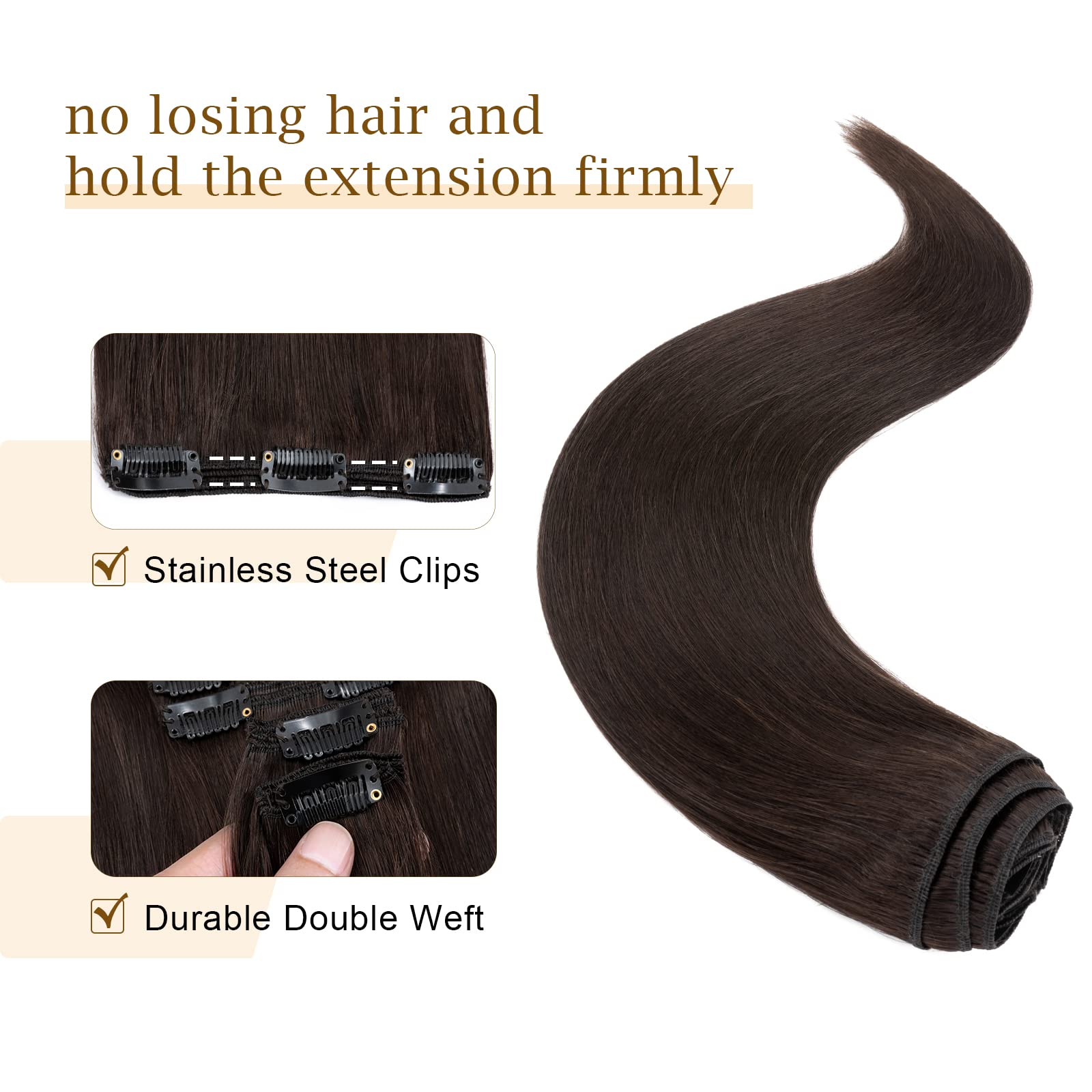 10 / 10 inch Double Weft 100% Remy Human Hair Clip in Extensions Grade 7A Quality Full Head Thick Thickened Short Soft Silky Straight 8pcs 18clips for Women Beauty 110g #2 Dark Brown