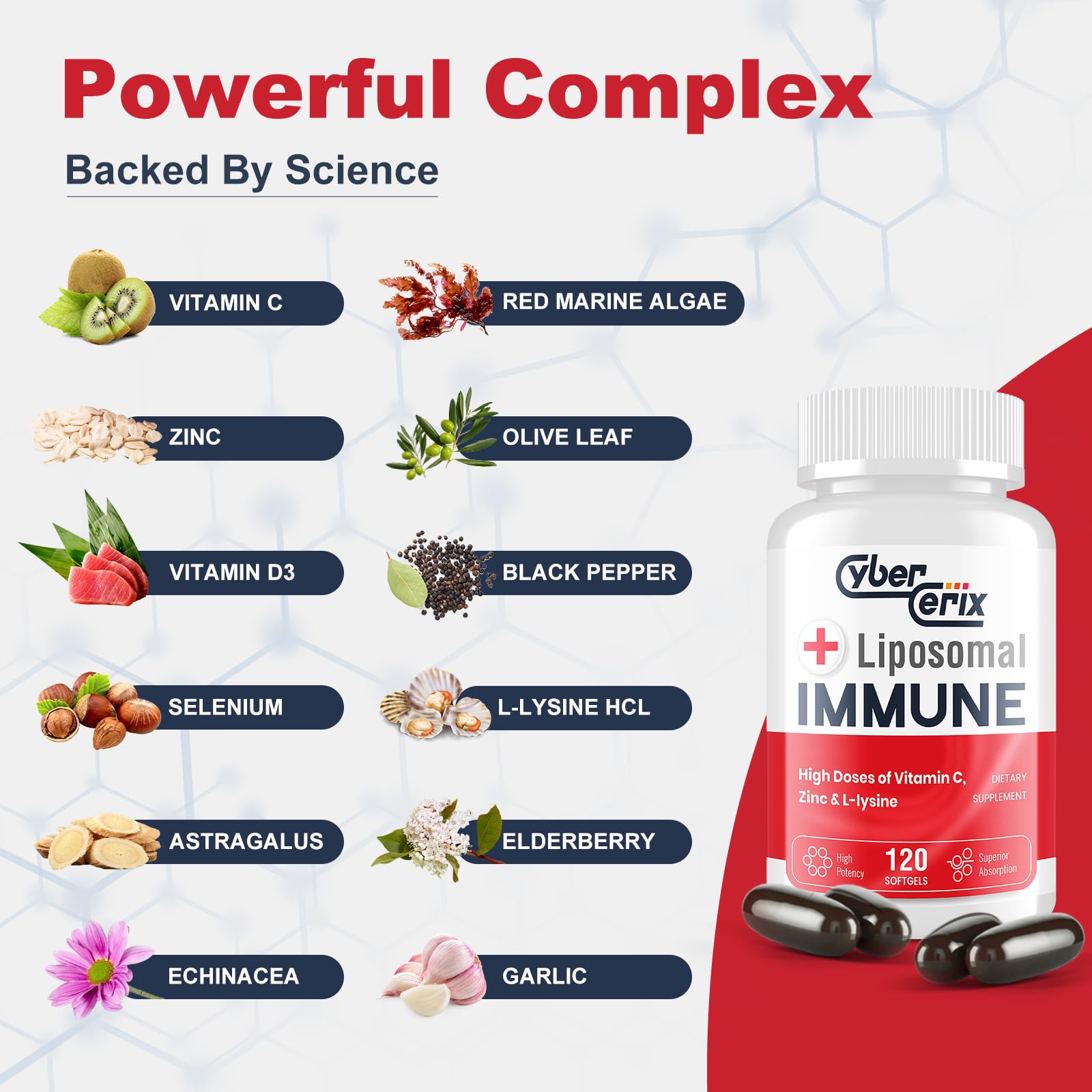 CyberCerix Liposomal Immune Support Supplement for Adults, Complex with L-Lysine 1,500mg, Vitamins, Minerals & Herbal Extracts, Comprehensive Daily Wellness Blend for Men & Women - 240 Capsules