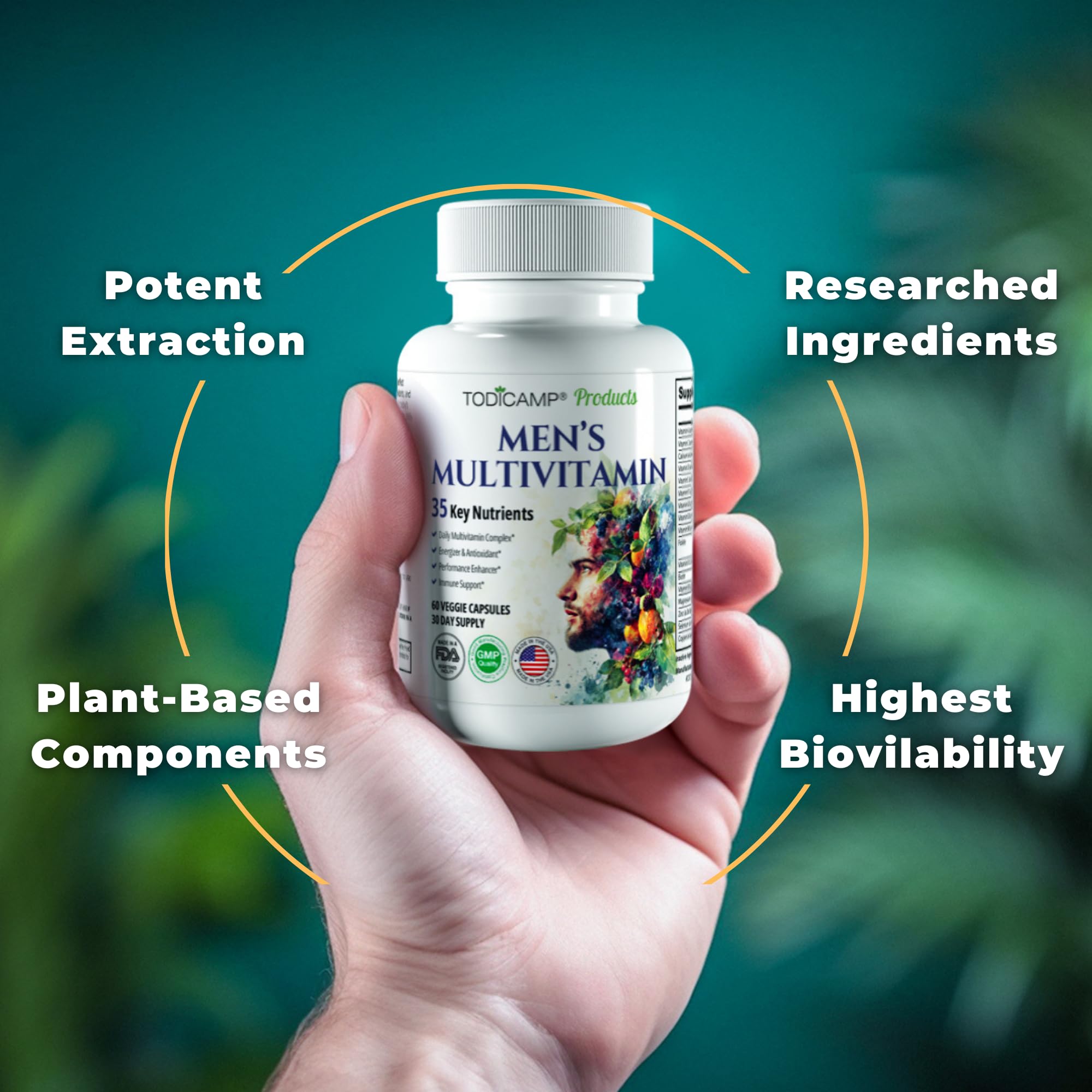 TODICAMP Men's Multivitamin & Mineral Complex with Plant-Based Extracts - Multivitamin for Men Improves Overall Health, Antioxidant & Natural Body Support - 60 Capsules - 30 Day Supply
