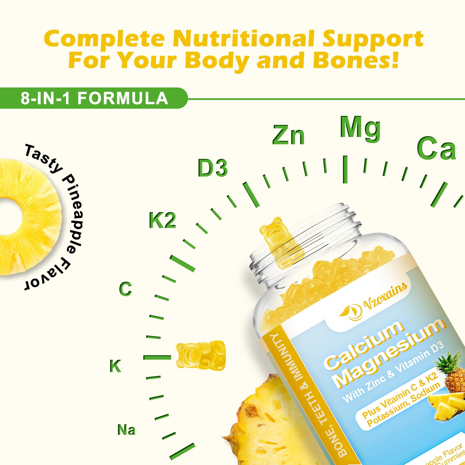 High Absorption Calcium Gummies, Sugar Free Calcium Magnesium Gummies with Vitamin D3 for Men and Women, Pineapple Flavor 120 Cts