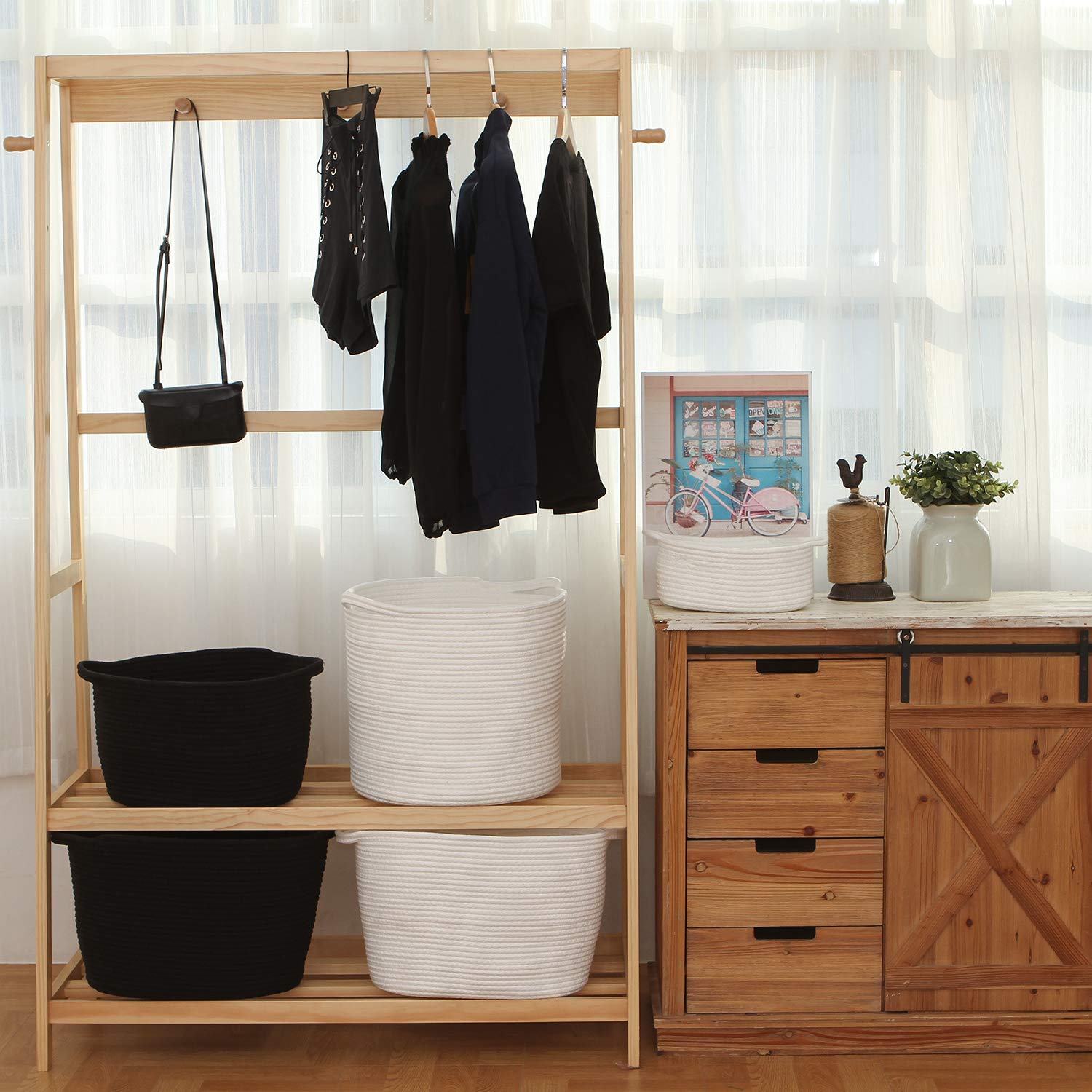 Sea Team Oval Cotton Rope Woven Storage Basket with Handles, Diaper Caddy, Nursery Nappies Organizer, Baby Shower Basket for Kid's Room, 12.2 x 8.7 x 9 Inches (Small Size, Black)