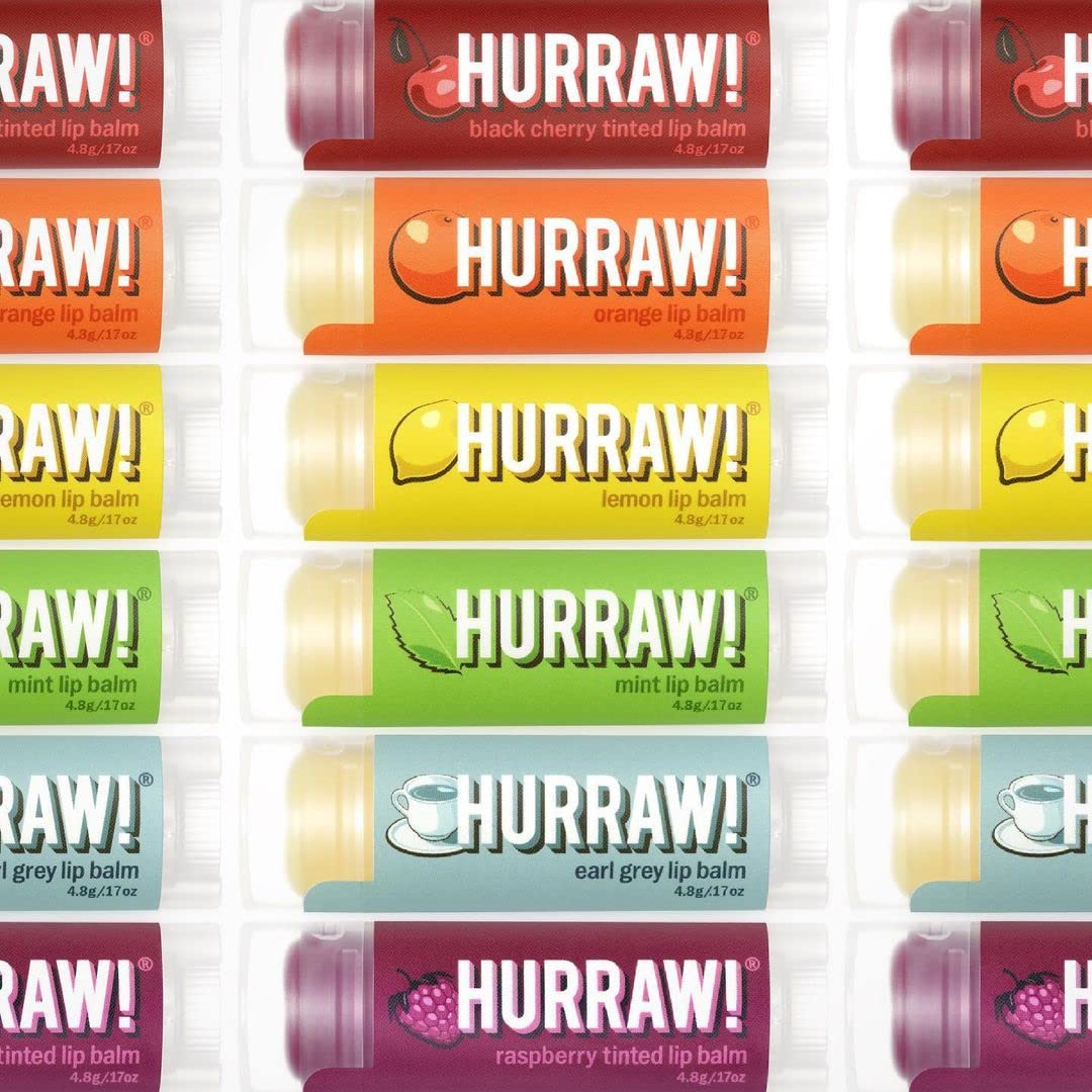 Hurraw! Lip Balms Staff Favorites, 6 Balm Bundle Pack: Black Cherry Tinted (Sheer Red Tint), Orange, Lemon, Mint, Earl Grey, Raspberry Tinted (Sheer Berry Tint) - Organic, Certified Vegan and All-Natu