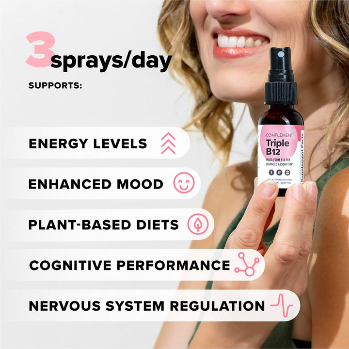 Complement Vegan Vitamin Triple B12 Liquid Spray- 1500 mcg Blend (60 Servings) Raspberry Flavor- Enhanced Absorption, Energy, Mood, Nervous System, Cognitive Function for Kids & Adults