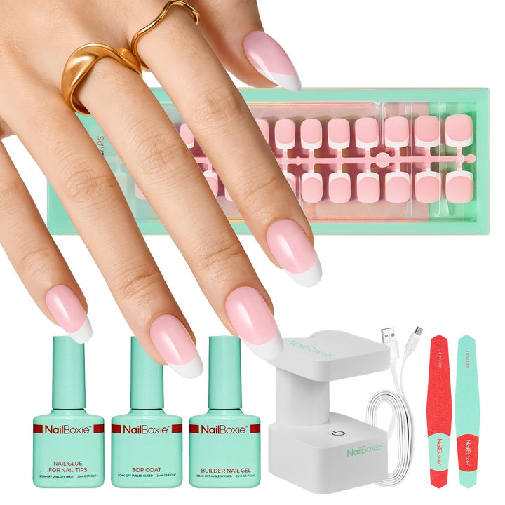 Modelones Gel Nail Kit, Press On Nails Kit with LED Light, 150 PCS Short Pink Almond, 15 Sizes French Tip Press on Nails, NailBoxie Pre-Colored Nail Tips for Easy DIY Nail Art