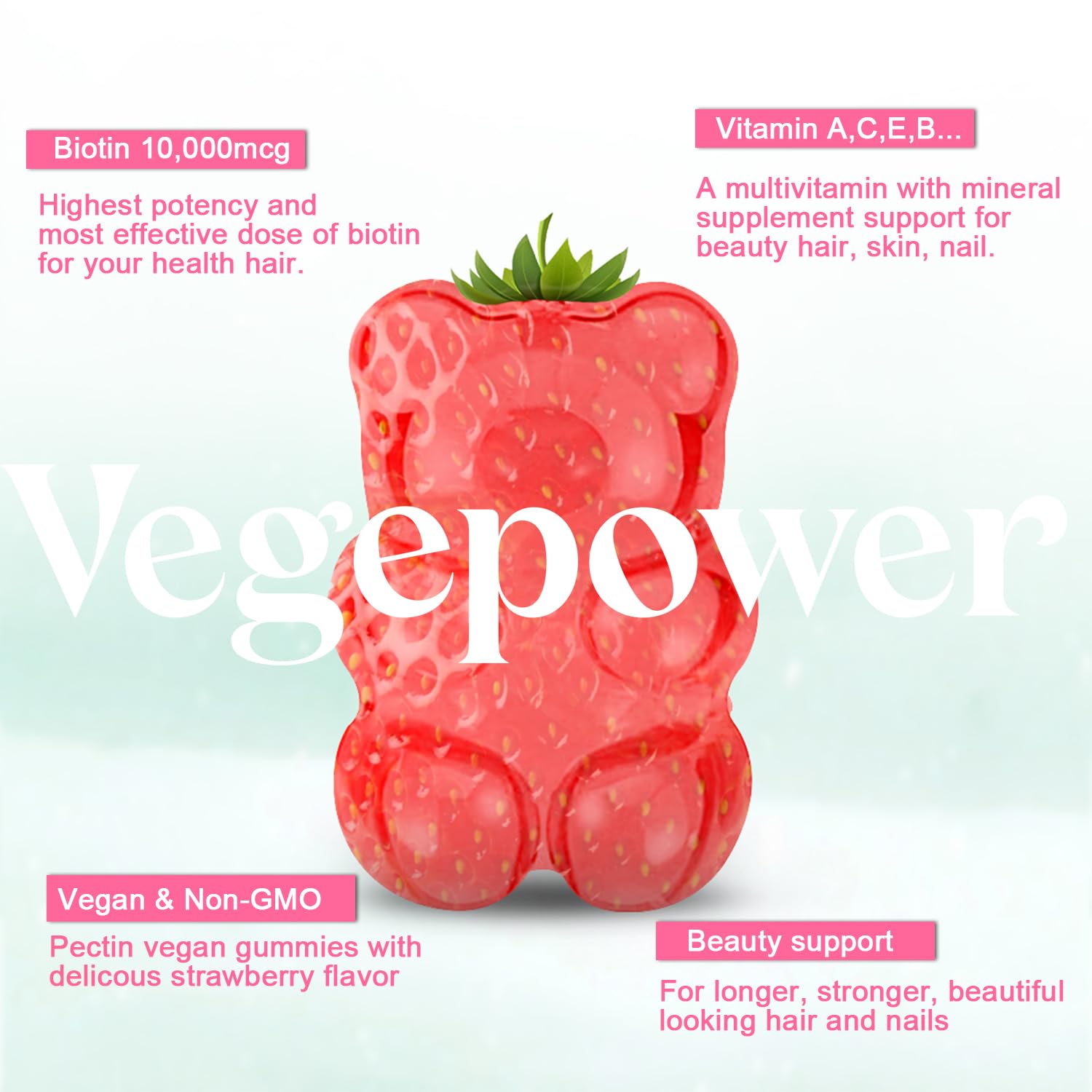 Hair Growth Gummies with Biotin 10,000mcg - Vegan Hair Vitamins Gummy for Yor Healthy Hair, Skin & Nails, Added B-Complex, Vitamin D, Vitamin A & Zinc - Hair Supplement for Women Men (60, Strawberry)