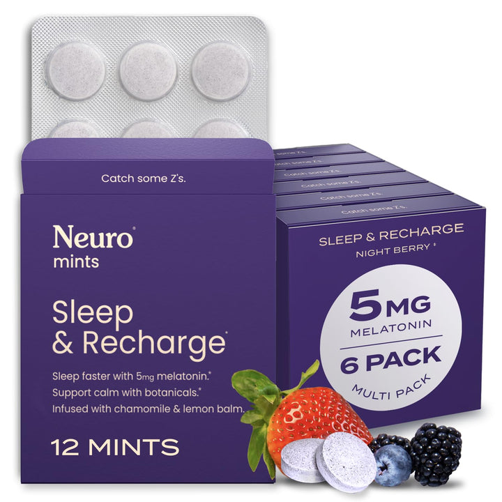 Neuro Melatonin 5mg Sleep & Recharge Mints (72 Pieces) - Fast Dissolve Melatonin Sugar Free Mints with Lemon Balm & Chamomile for Better Sleep - Calm Sleep Supplement for Adults - Night Berry Flavor