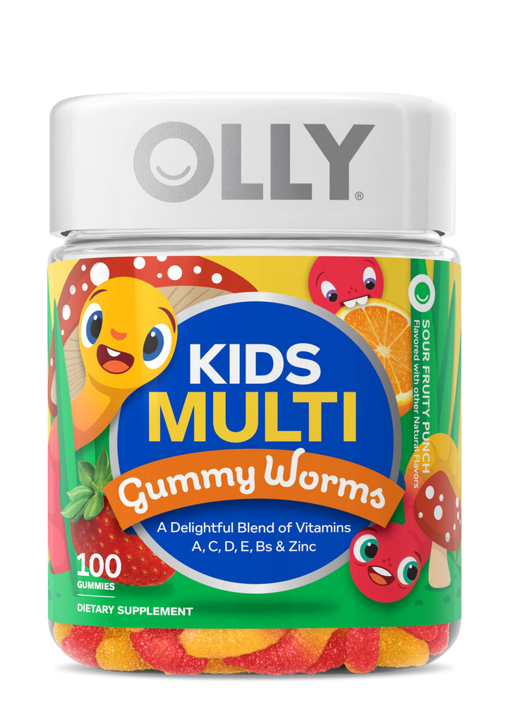 OLLY Kids Multivitamin Gummy Worms, Overall Health and Immune Support, Vitamins and Minerals A, C, D, E, Bs and Zinc, Kids Chewable Supplement, Sour Fruit Punch, 45 Day Supply - 100 Count