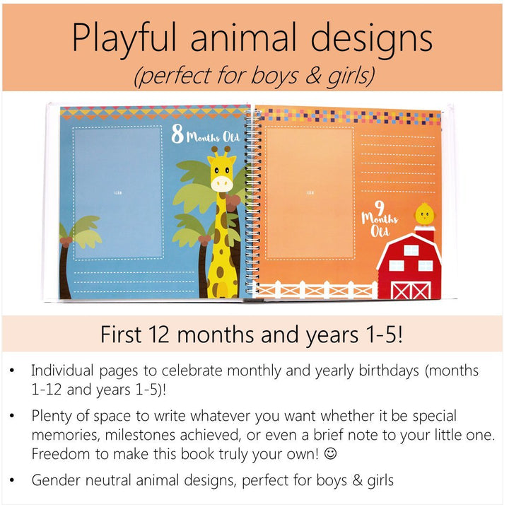 LovelySprouts Baby Memory Book, 57 Pages, Gender-Neutral, Scrapbook-Journal-Photo Album, Includes Monthly Milestones, 80+ Photo Boxes, Hand and Footprints, Keepsake Envelope