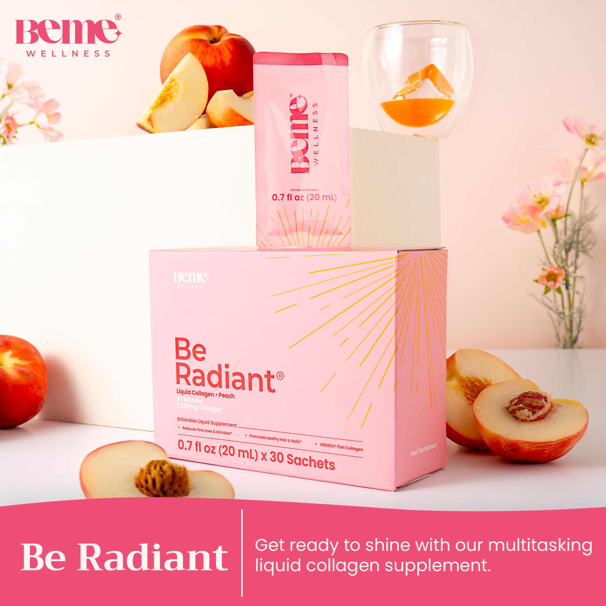 BeMe Liquid Collagen Drink, Be Radiant (Peach) - Liquid Collagen for Women & Men - Drinkable Supplement with Collagen Peptides, Biotin, & Vitamin C Supports Hair, Nail, & Skin Health - 30 Sachets